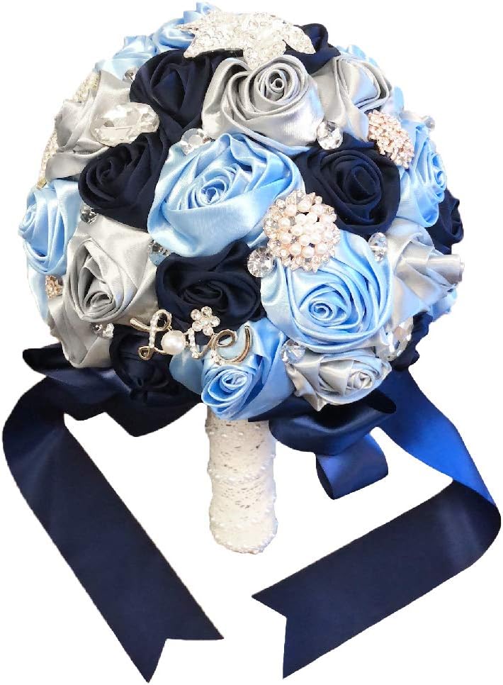 Abbiehome Handmade Bridal Bridesmaids Brooch Bouquet Satin Roses with Crystal Diamond Pearl Decor (Blue + Grey) 8"*8"*11"