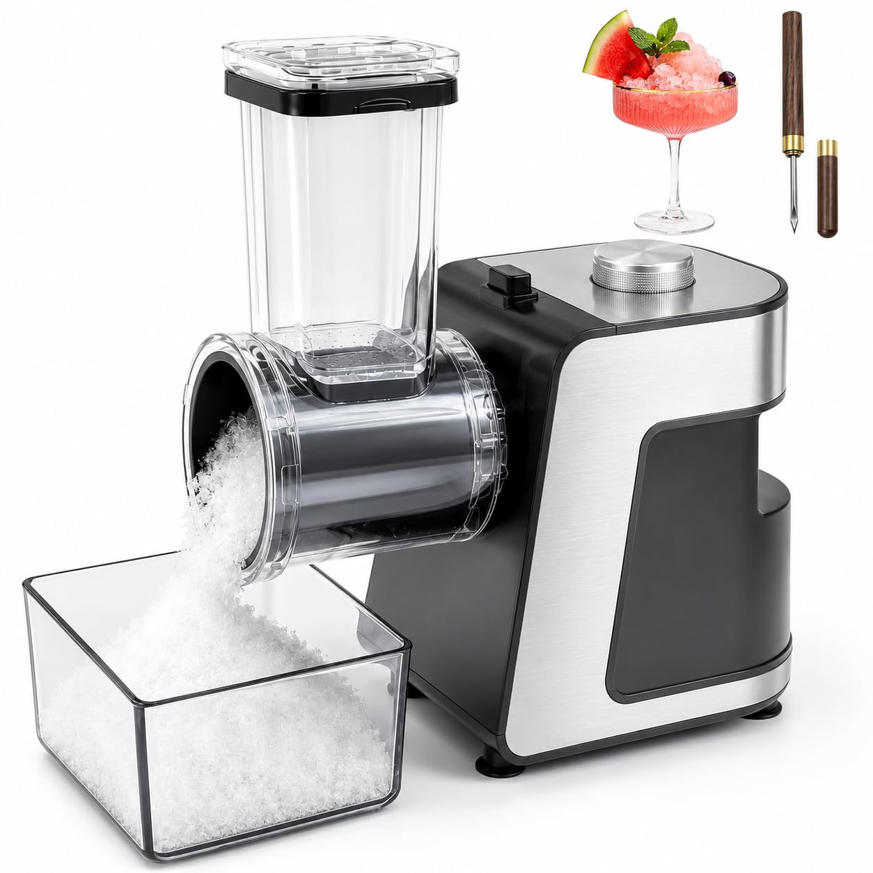 Electric Snow Cone Machine &amp; Shaved Ice Maker, Stainless Steel Ice Crusher with Ice Pick and Tray, Powerful Motor and Sharp Blades for Fast Ice Shaving, for Home, Parties and Events