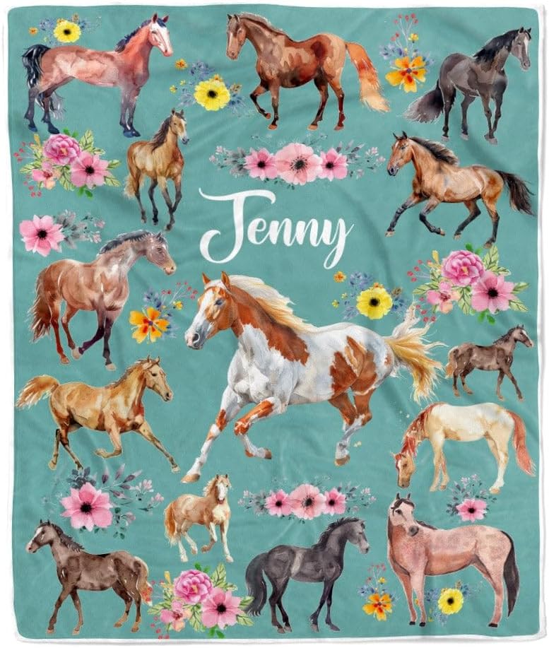 Personalized Horse Blanket for Girl Kid Women Horses Floral Flower for Daughter Niece Granddaughter Birthday Christmas Customized Bed Fleece Throw Blanket (50 x 60 in Youth Size)