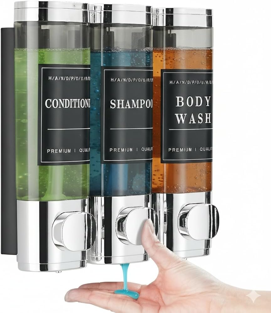 Shampoo and Conditioner Dispenser,Shower Soap Dispenser 3 Chamber No Drill Wall-Mounted Shampoo Dispenser for Shower Wall Mounted Shower Dispenser for Bathroom Hotel Large Capacity,Chrome