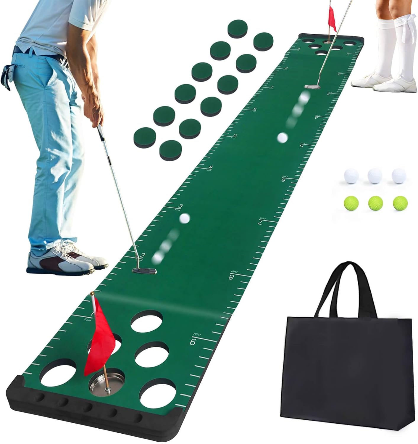Golf Putting Game Set, Putting Green Pong Game Mat Include 6 Balls, 1 Portable Bag, 2 Flags & Cups for Indoor Outdoor Backyard Party Use