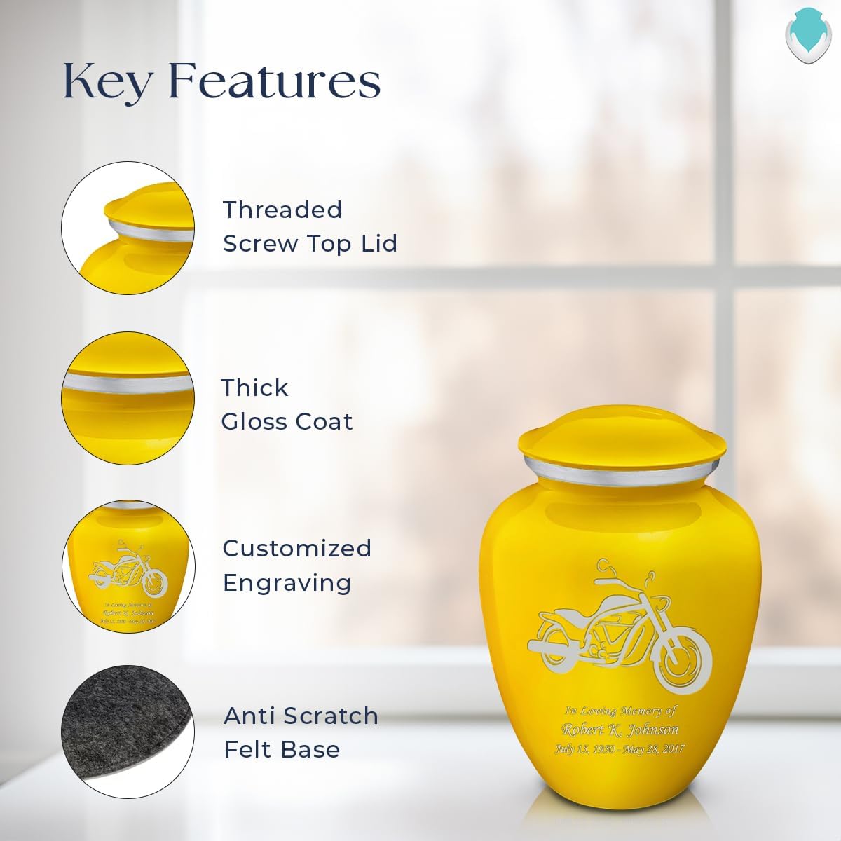 Geturns - Small Personalized Motorbike Cremation Urns for Human Ashes I Yellow Funeral Urn for Men and Women I Holds up to 44 Cubic Inches