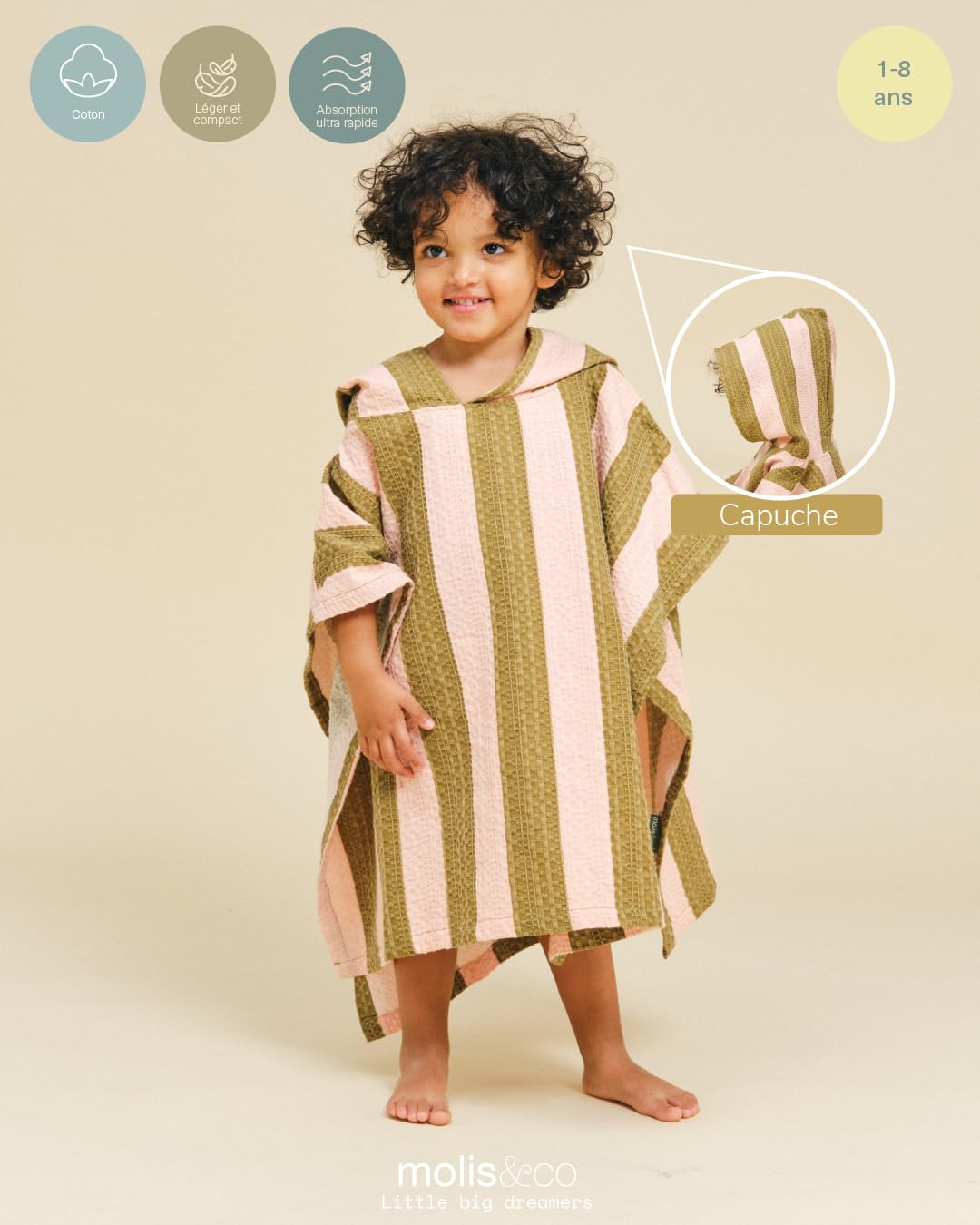 molis&co. Poncho de Bain pour enfants. Serviette de Plage à Capuche. Serviette de Bain enfants. (FR/ES, Âge, 1 an, 2 ans, Taille normale, KHAKI & ROSE STRIPES)
