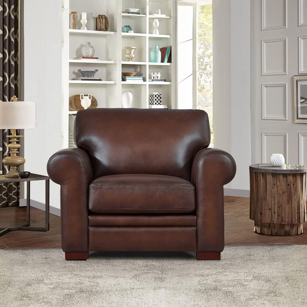 Hydeline Brookfield Top Grain Leather Sofa Loveseat and Chair Set, Caramel Brown, Feather Down, Memory Foam and Springs Seating