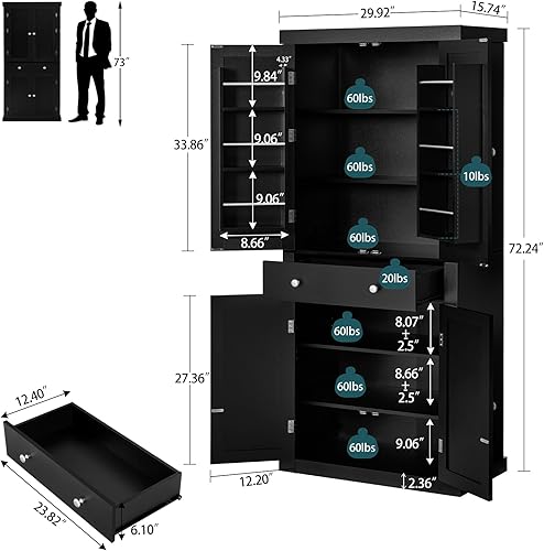 Miniatura 2 de usikey Armario de despensa de cocina de 72 pulgadas, armario alto de almacenamiento con 4 puertas y 1 cajón, armario independiente con 6 estantes