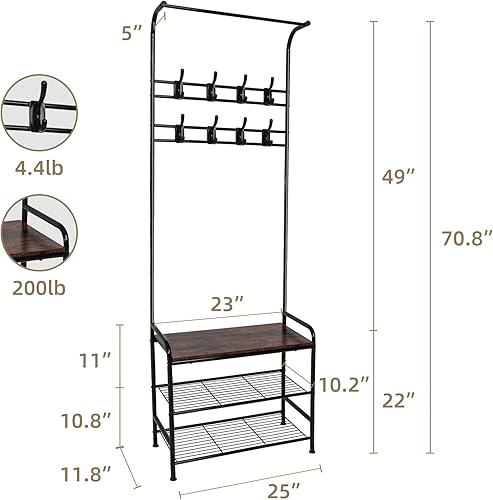 Miniatura 3 de ARTETHYS Entryway Coat Rack with Shoe Bench 3-in-1 Hall Tree Storage Bench Metal Frame with Adjustable Foot Pad