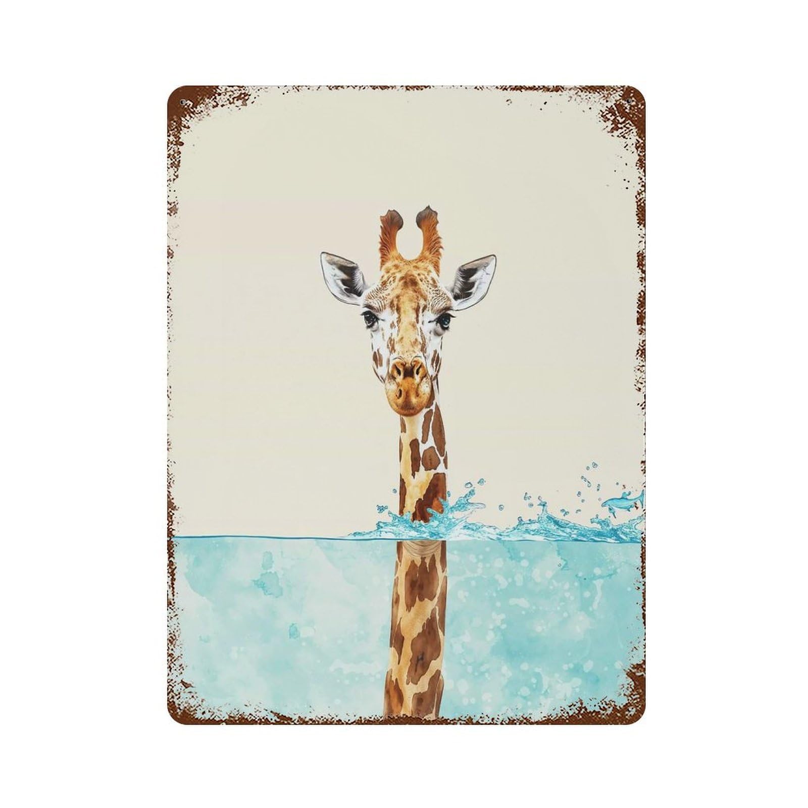 Weathered Tin Sign Giraffe in Water Minimalist 15.7"x11.8", Rustic Home Decor for Basement, Hobby Room And Garage Decor