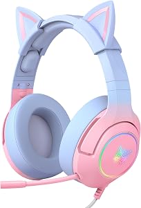 PHNIXGAM Pink Gaming Headset for PS4, PS5, Wired Over-Ear Headphones with Detachable Cat Ears, Microphone, RGB Backlight, Surround Sound for PC (Gradient Pink Blue) | 3.5mm surround sound gaming headphone. Compatible with PC, PS4, PS5, mobile. Gradie