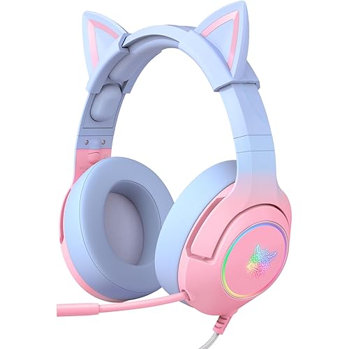 PHNIXGAM Gaming Headset for PS4, PS5, Cat Ear Headphones with Retractable Microphone, RGB Backlight, Surround Sound for PC, Mobile Phone, Gradient Pink Blue
