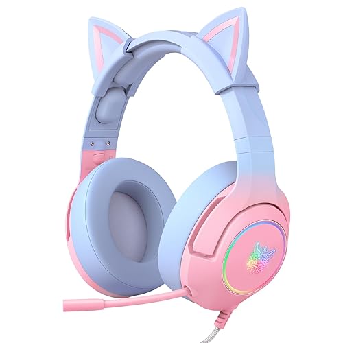 PHNIXGAM Gaming Headset for PS4, PS5, Xbox One(No Adapter), Cat Ear Headphones with Retactable Microphone, RGB Backlight, Surround Sound for PC, Mobile Phone, Gradient Pink Blue - Gradient Pink Blue