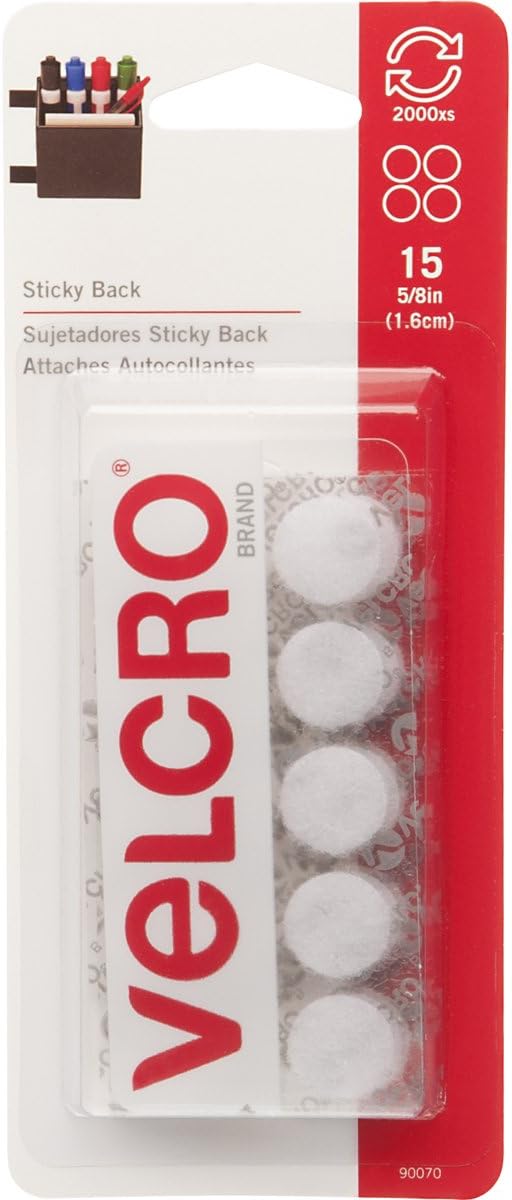 Velcro 90070 Brand Sticky Back Fasteners, 5/8" Diameter, White (Pack of 6)