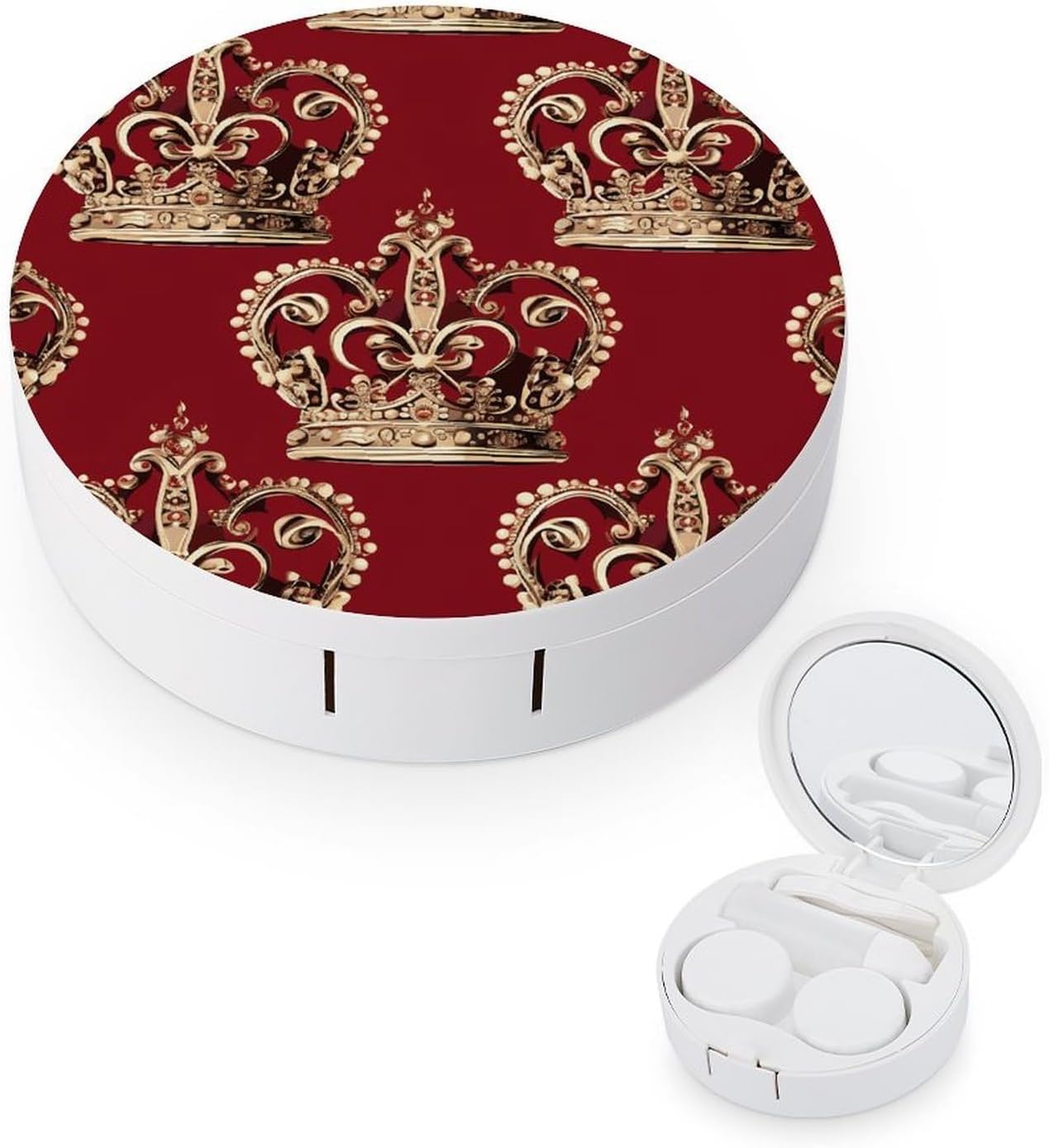 Red Crown Contact Lens Case Portable Contact Lens Applicator Removal Tool Kit Cute Round Eyeglass Cases with Mirror for Daily Vision Care And Outdoor Use