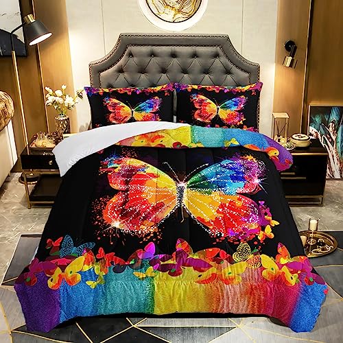 QOOMO Butterfly Comforter Full Size,Watercolor Butterfly Kids Comforter Set