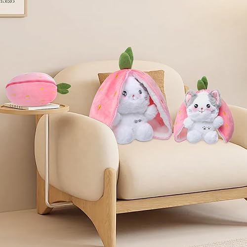 Miniatura 7 de MIAODAM Animales de peluche de gato, Kawaii Squishy Lindo y reversible de fresa que se convierte en gato con cremallera, divertido juguete de