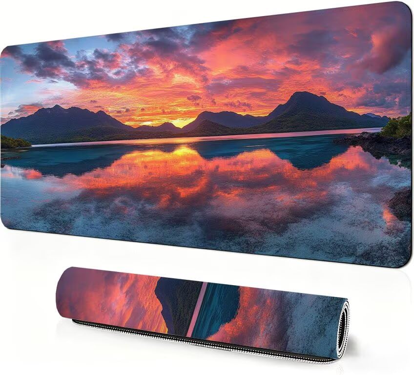 Tapis de souris XXL Coucher de Soleil 80x40cm tapis de bureau antidérapant avec bords cousus
