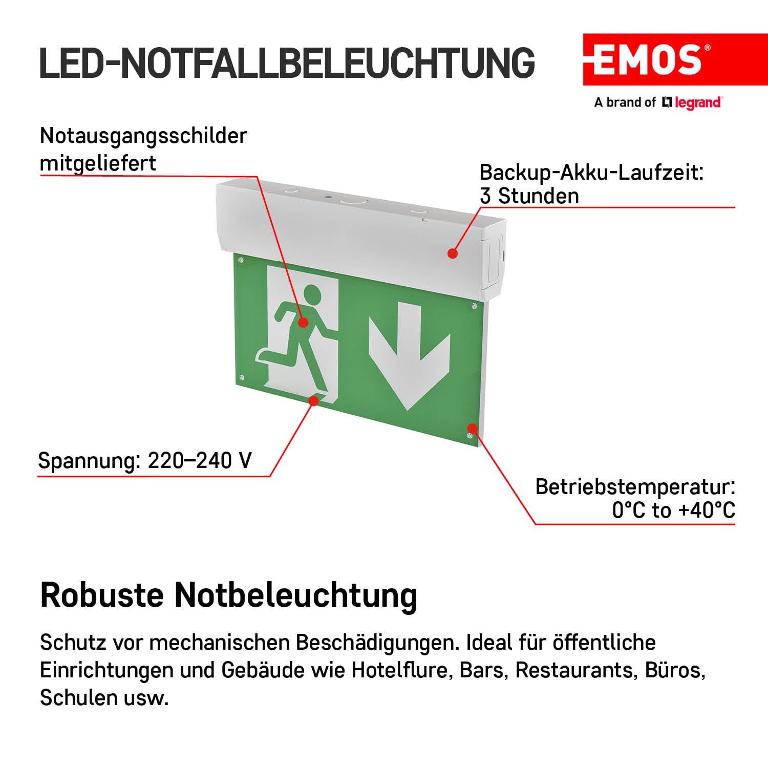 EMOS - Éclairage de secours LED - Éclairage de secours - Batterie incluse - Lampe de secours avec bouton de test manuel - Mode d'urgence 3 heures - Montage mural et au plafond - Lumière blanche froide