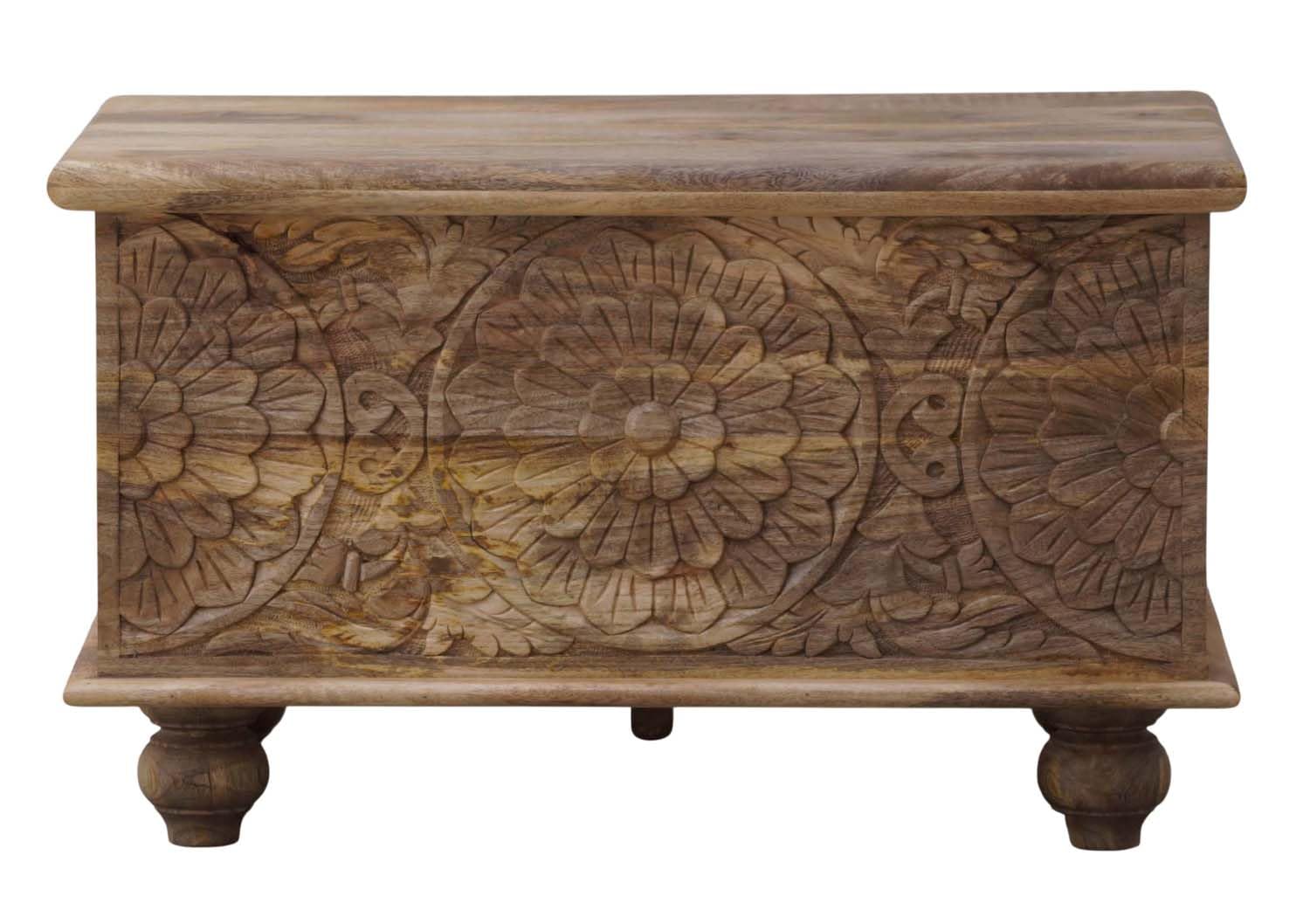 Wooden Storage Trunk, Wooden Carved Trunk Box, Coffee Table with Storage, Center Table, Deccorative Box, Blanket Box for Bedroom, Floral Carved Design, Natural Finish.-image-9