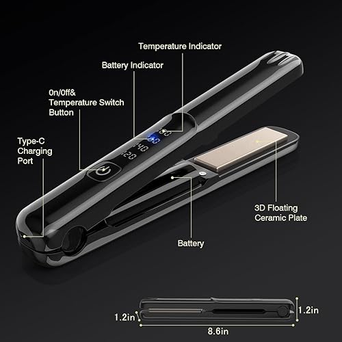 Miniatura 7 de Plancha y rizador de pelo inalámbrico 2 en 1, mini plancha plana portátil de titanio puro, doble voltaje, se calienta en segundos, 4 temperaturas