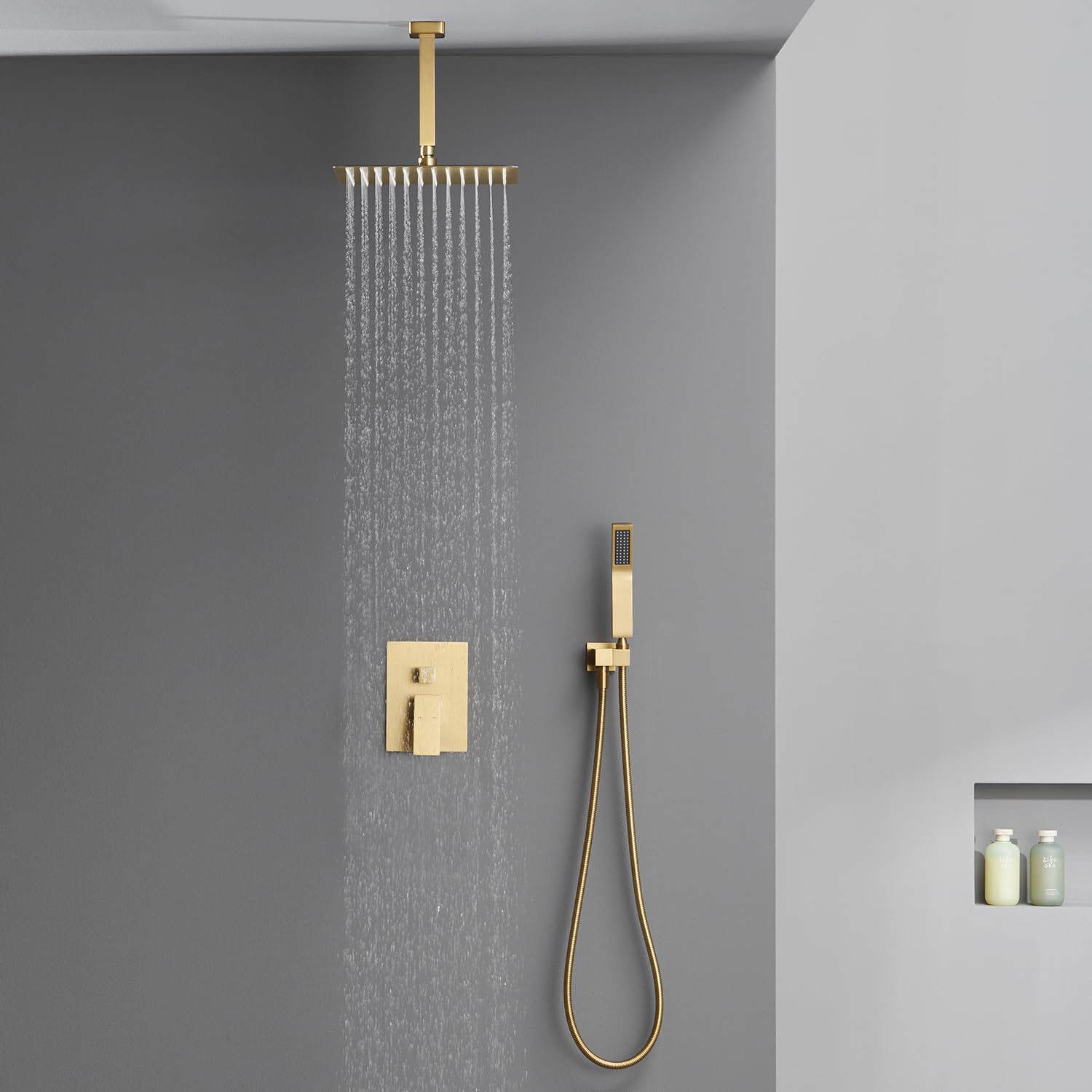Deckenmontiertes Duschsystem Mit Regenduschkopf & Handbrause – Druckknopfumsteller, Hochdruck, Mattschwarz