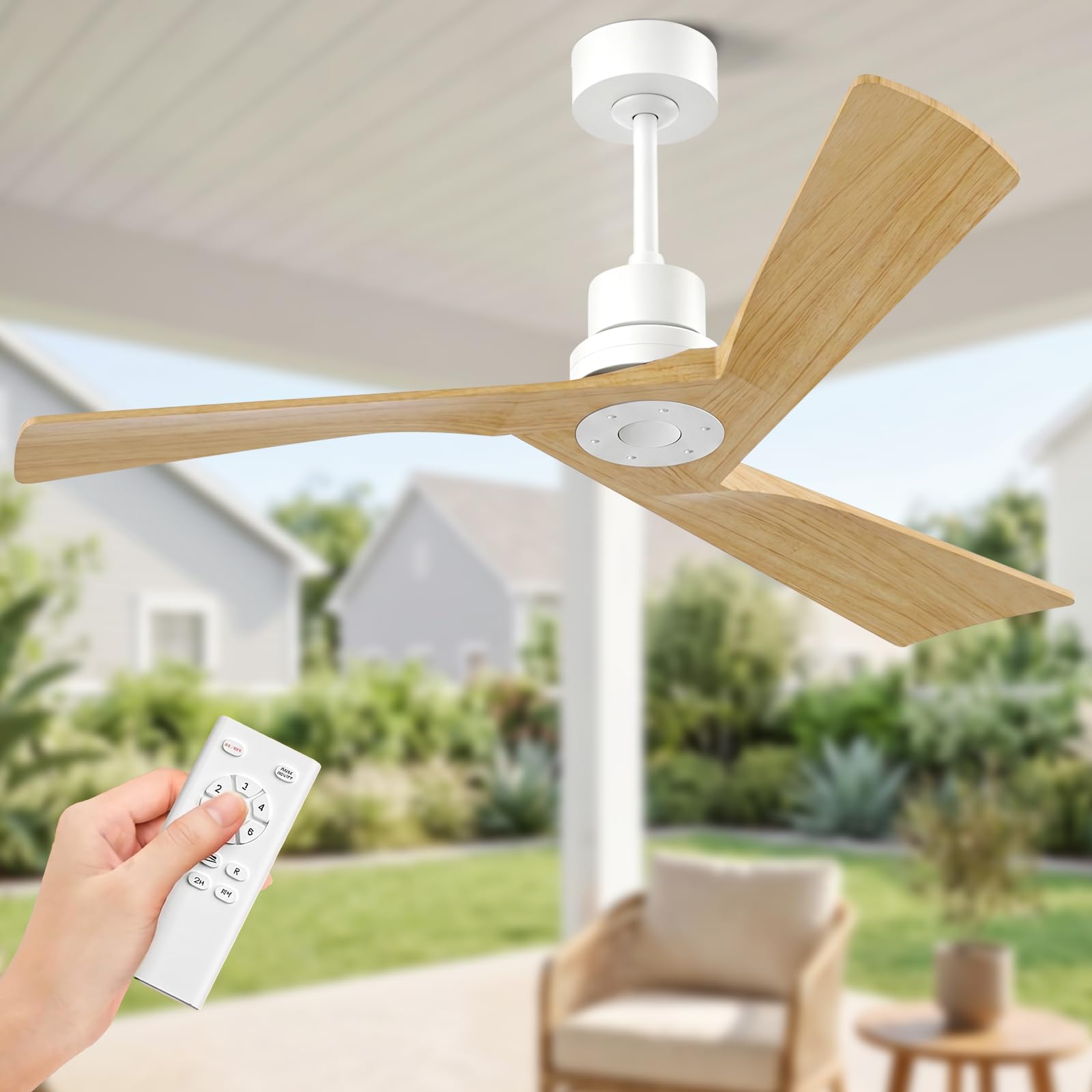 Obabala Ceiling Fan 52 Inch with Remote, Solid Wood Blades DC Motor 5000 CFM Quiet 35dB, Reversible 6 Speed Modern Farmhouse for Bedroom Living Room Indoor Outdoor, No Light with Downrod