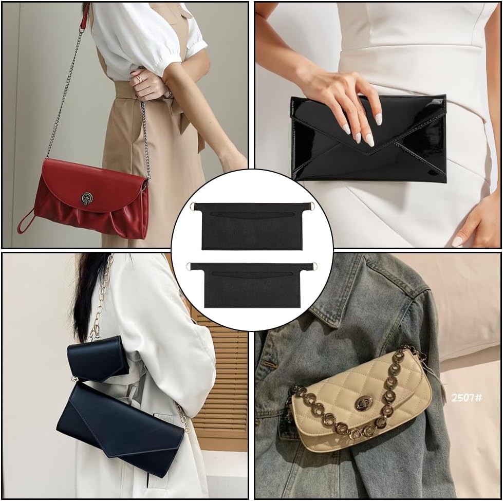 CREATCABIN 2Pcs Mini Wallet Insert Felt Handbag Organizer Black Soft Clutch Bag Liner Divider Pocket Inside Convert Conversion Kit with D Rings for Purse Crossbody Sarah Purse Women Accessories image 4