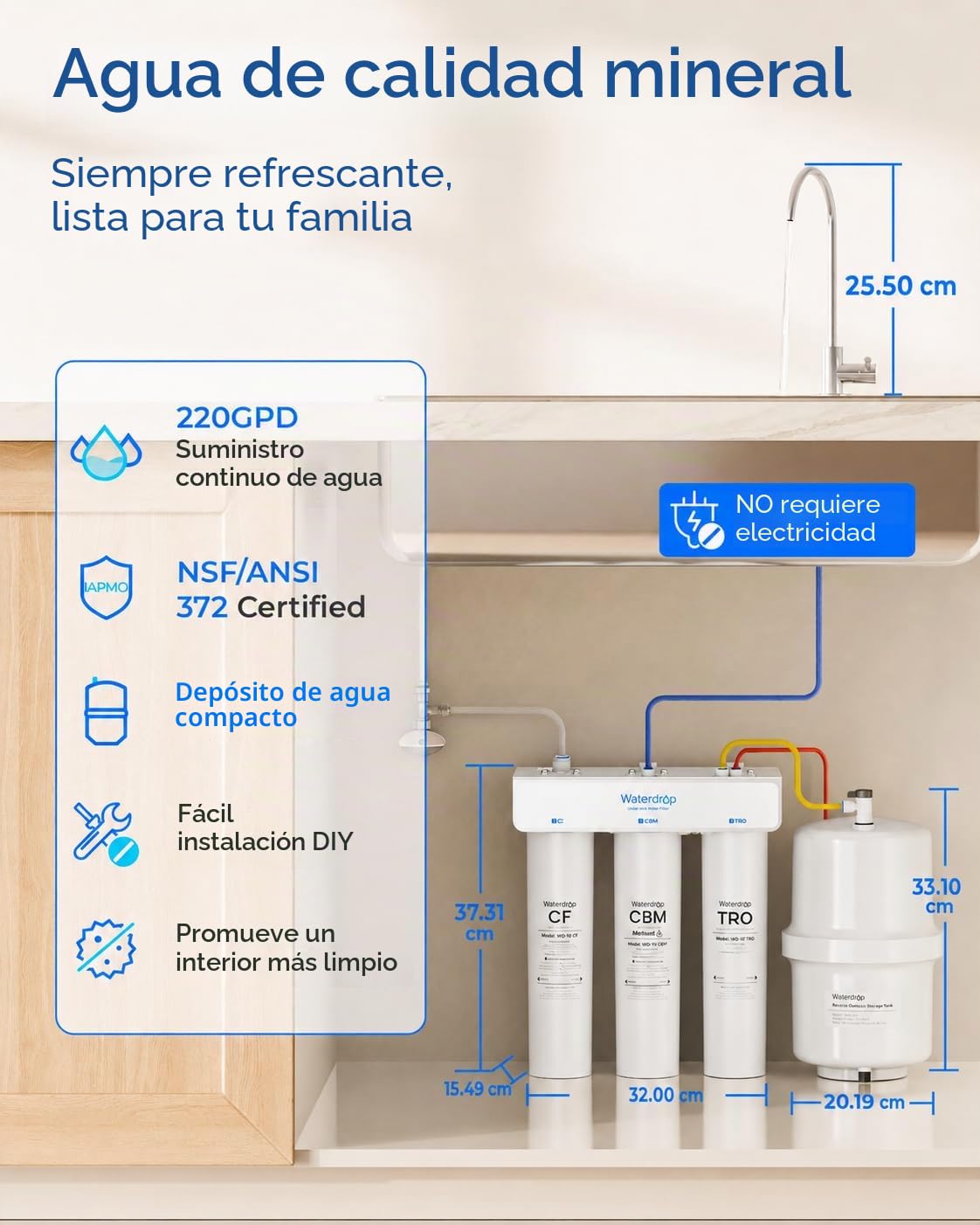 Waterdrop T3-T, Sistema de Ósmosis Inversa 7 Etapas con Remineralización, Flujo Rápido de 220 GPD, Relación 2:1 (Agua Pura/Desecho), Certificado NSF/ANSI 372 Sistema Debajo del Fregadero con Tanque | Certificado NSF/ANSI 372, relación agua pura/desperdici