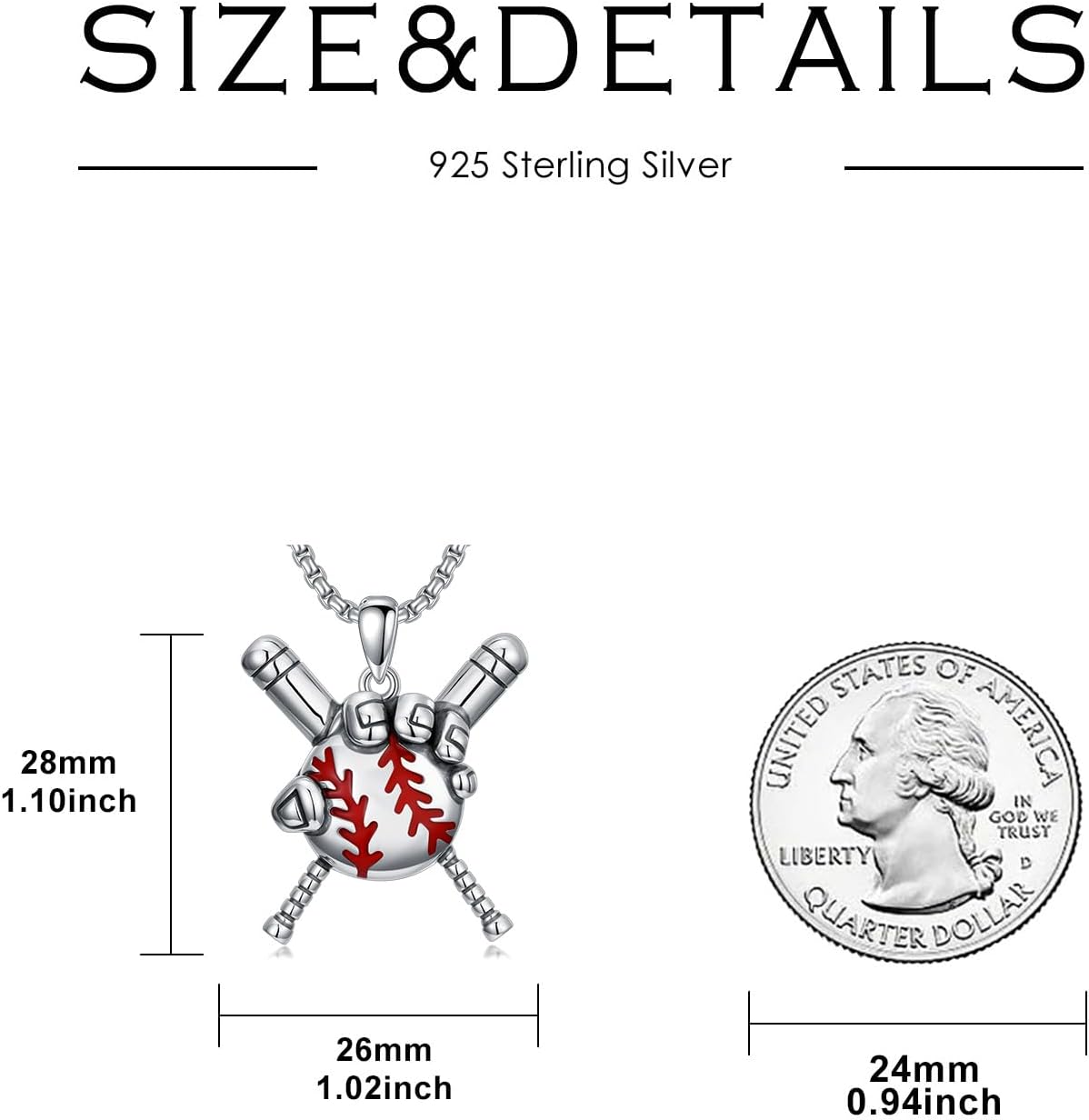 Baseball Necklace for Men 925 Sterling Silver Baseball Pendant Sport Jewelry, w/Stainless Stain Chain 22”+2” - Image 5