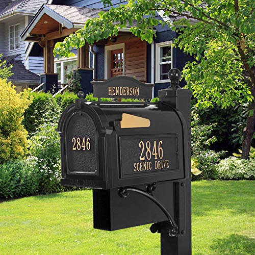 Whitehall Capitol Mailbox With Post, Custom Side Mount Mail Box, Ultimate Personalized Metal Mailbox With Newpaper Box, Outside Mailboxes - Black/Gold #TOP2