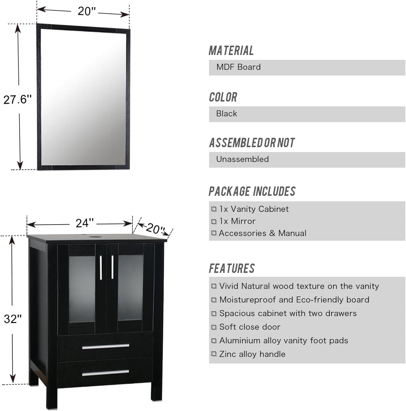 24in Bathroom Vanity with Sink Counter Top Tempered Glass 1.5 GPM Faucet Oil Rubbed Bronze Cabinet Vessel Sink Combo, Incl. Pop Up Drain