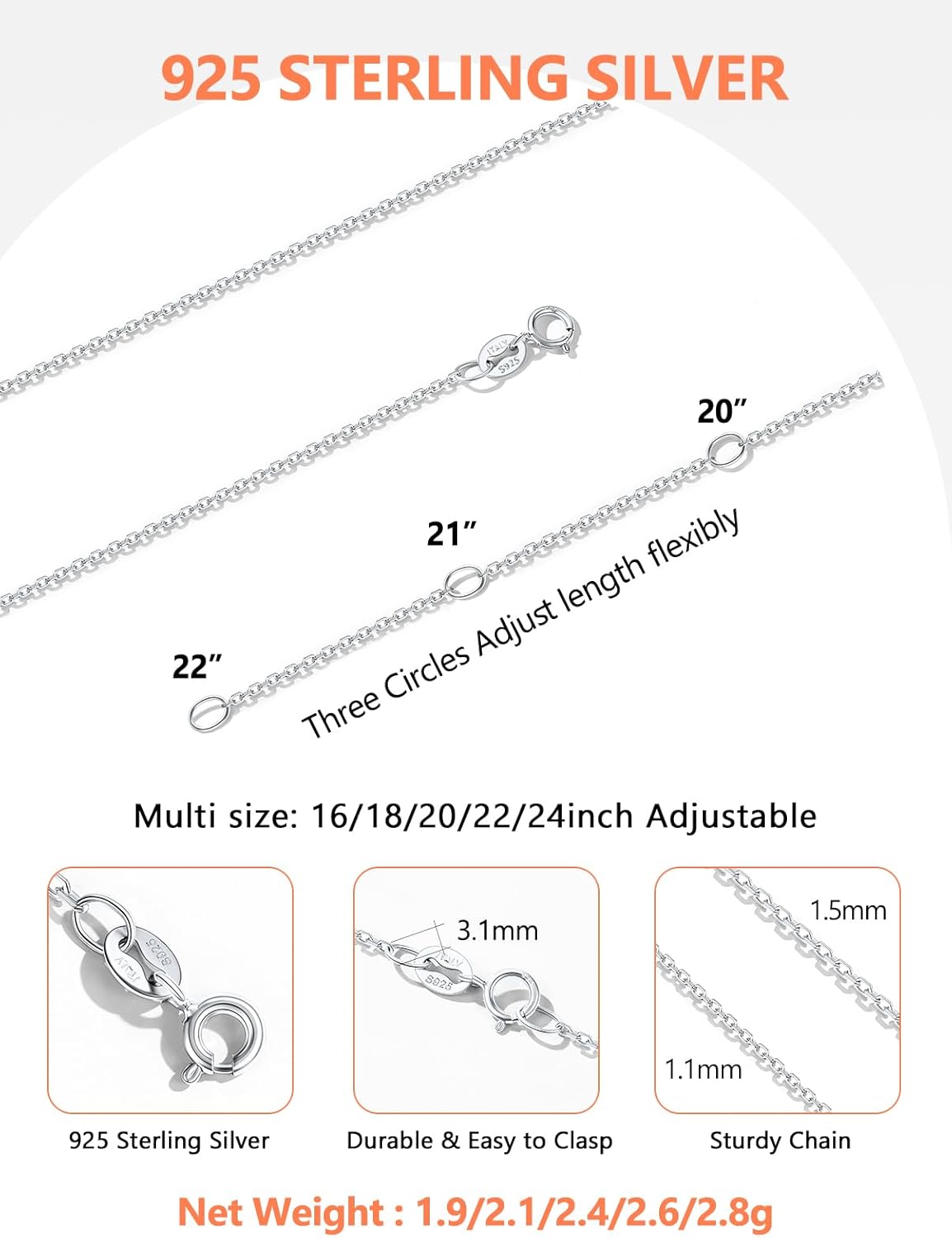 Silvora 925 Sterling Silver Chain Necklace 1.1/1.5mm Thin Silver Chain for Women Sturdy Shiny Women's Chain Necklaces Adjustable Length 16/18/20/22/24 Inches