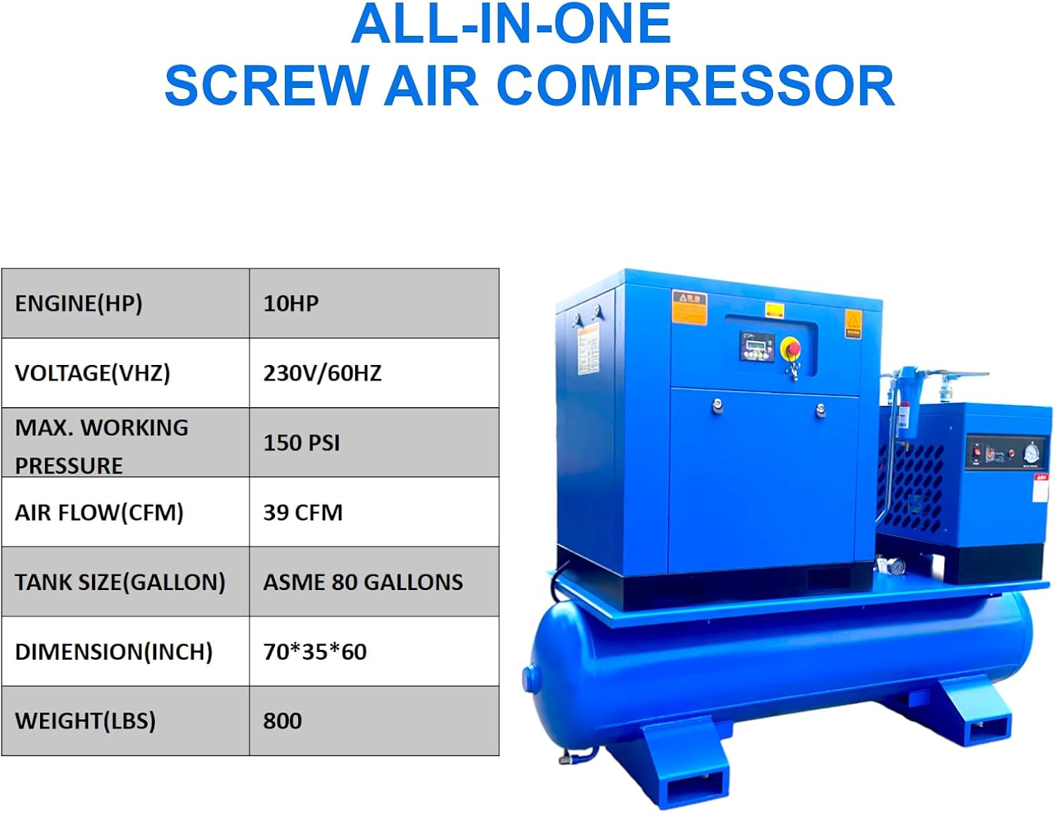 7.5KW/10HP All-in-One Rotary Screw Air Compressor 39CFM@150PSI/230V/60Hz/3-Phase with 80 Gallon ASME Tank and Refrigerated Air Dryer, Stationary Industrial Air Compressor
