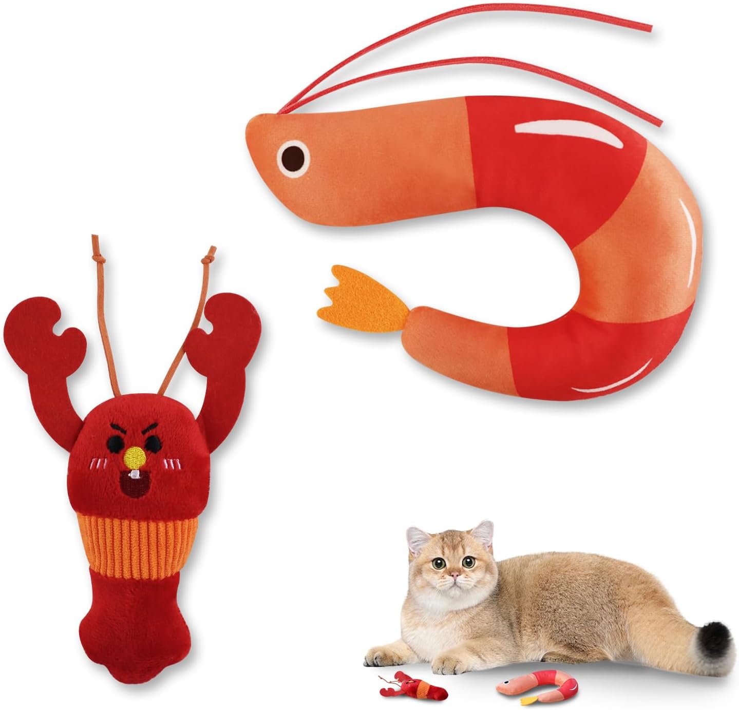 Andiker 2 Pcs Catnip Toys for Cats, Cute Shrimp and Lobster Shape Plush Toy with Catnip PP Cotton Built-in Bells Funny Interactive Cat Toys for Indoor Cats Bite Chew Hunting