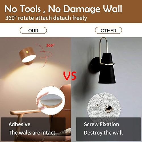 LANDGOO Aplique de pared LED de madera luces de pared regulables giratorias de 360 luces de pared recargables funciona con pilas luz nocturna LED
