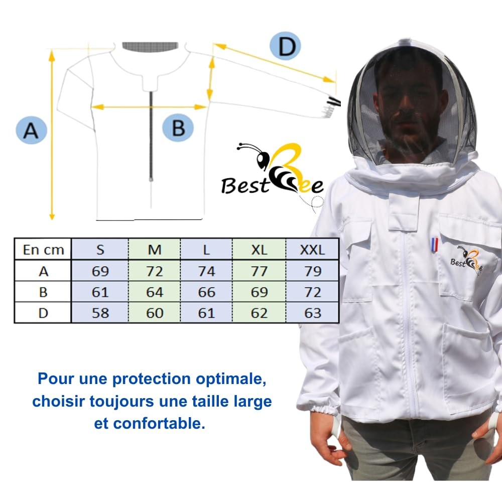 Best Bee vareuse Apiculteur en Tissu Épais et Coton de haute qualité, avec Fermeture Éclair robuste, Capuche Amovible, Poches Pour Outils - Veste Apiculture anti guêpes & abeilles M