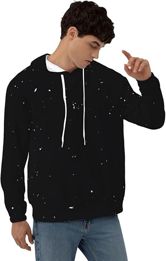 Men's Fleece Pullover Hoodies, Black White Dot Printed Casual Drawstring Hooded Sweatshirts