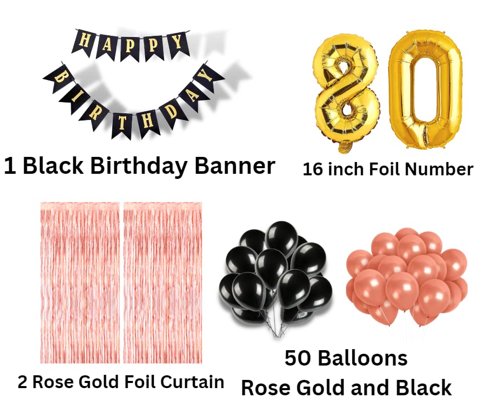 Image of 80th Birthday Decoration items for Girls with Black and Rose Gold Balloons, Black Happy Birthday Banner, Rose Gold Foil Curtain, Foil Balloon number 80