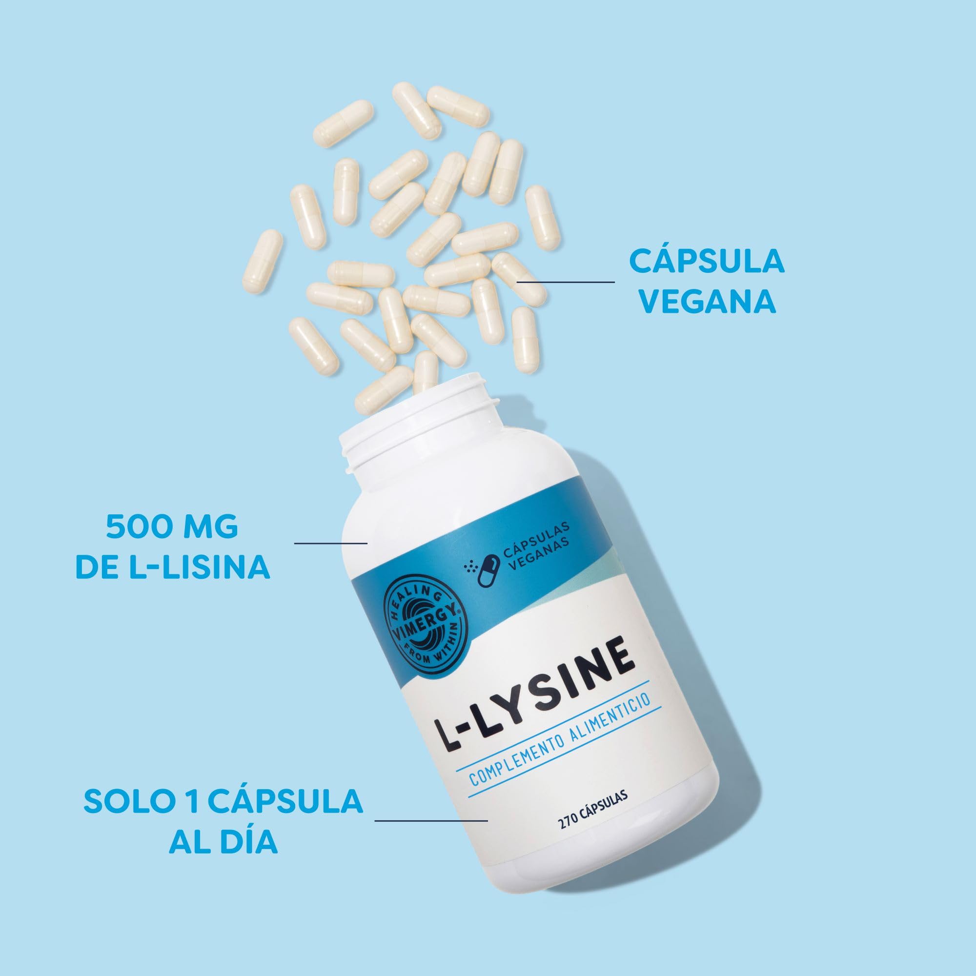 Vimergy L-Lysine – 270 Cápsulas, 1 Cápsula Diaria – L Lisina 500mg - Aminoácidos Esenciales - Cápsula Vegana sin Gelificantes – Sin OMG, Gluten ni Gelatina - Kosher