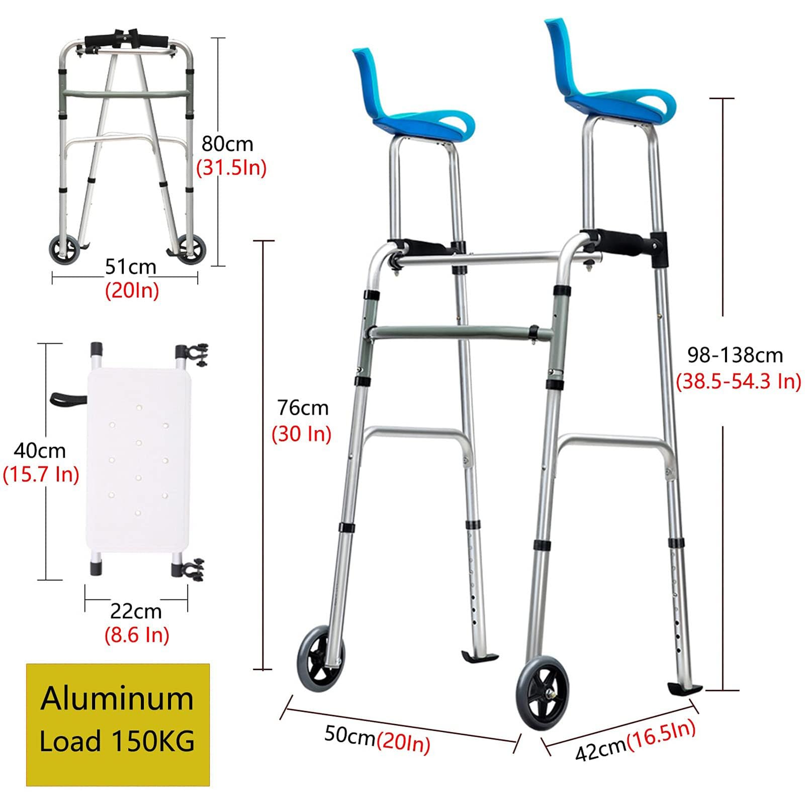 Andador Portátil para Adultos, Andador con Ruedas, Altura Ajustable, Apoyabrazos y Respaldo Acolchados, Andador Médico Ideal para Personas Discapacitadas, 8 Niveles de Altura