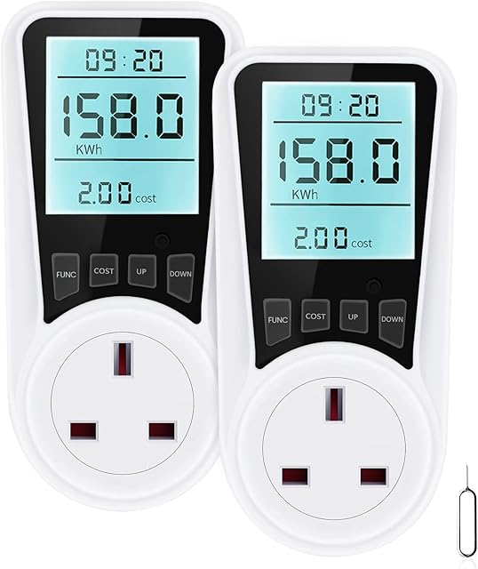 Electric Usage Monitor 2 Pcs, Besvic Energy Monitor with Backlight LCD Display, 7 Monitoring Modes Power Meter, Voltage Amps Wattage KWH Consumption Monitor, 2900W/13A Overload Protection, UK Plug