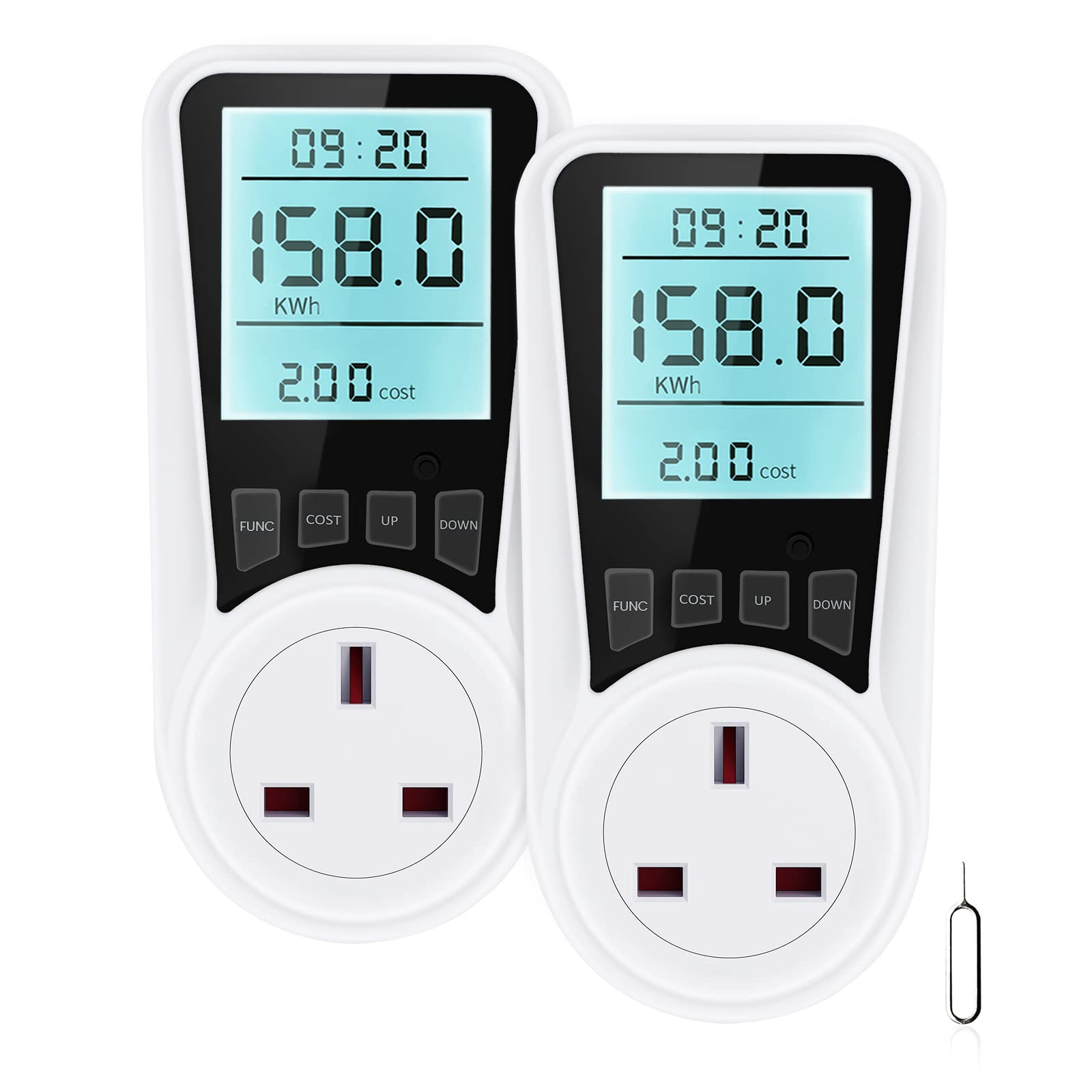 Electric Usage Monitor 2 Pcs, Besvic Energy Monitor with Backlight LCD Display, 7 Monitoring Modes Power Meter, Voltage Amps Wattage KWH Consumption Monitor, 2900W/13A Overload Protection, UK Plug