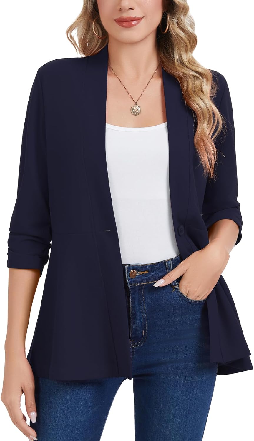 Blazers for Women Casual Elegant Ruched 3/4 Sleeve Collarless Blazer One Button Suit Ruffle Peplum Jacket - Image 3