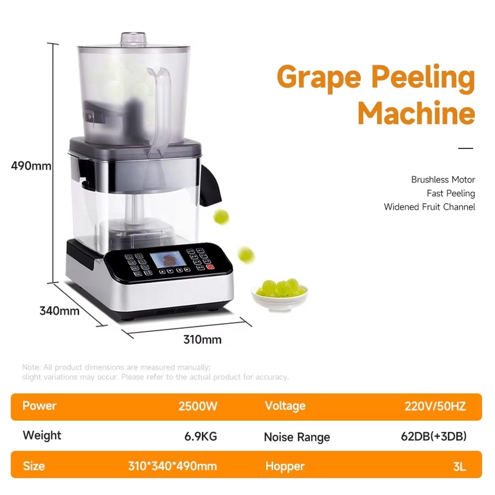 Máquina peladora automática de uvas, peladora de frutas comercial de 2500 W, velocidad de 500 g/min, pantalla de 2.8 pulgadas, capacidad de 3 kg, ideal para tiendas de té de cereza y leche
