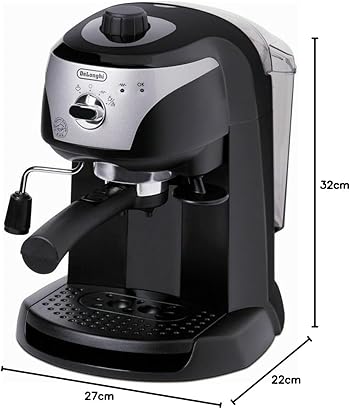 EC221.CD Cafetera de Bomba Tradicional, 15 Bar de presión, deposito de Agua 1L, espumador de Leche, Uso con café molido o filtros monodosis, 44 Decibeles, Acero Inoxidable, Negro2