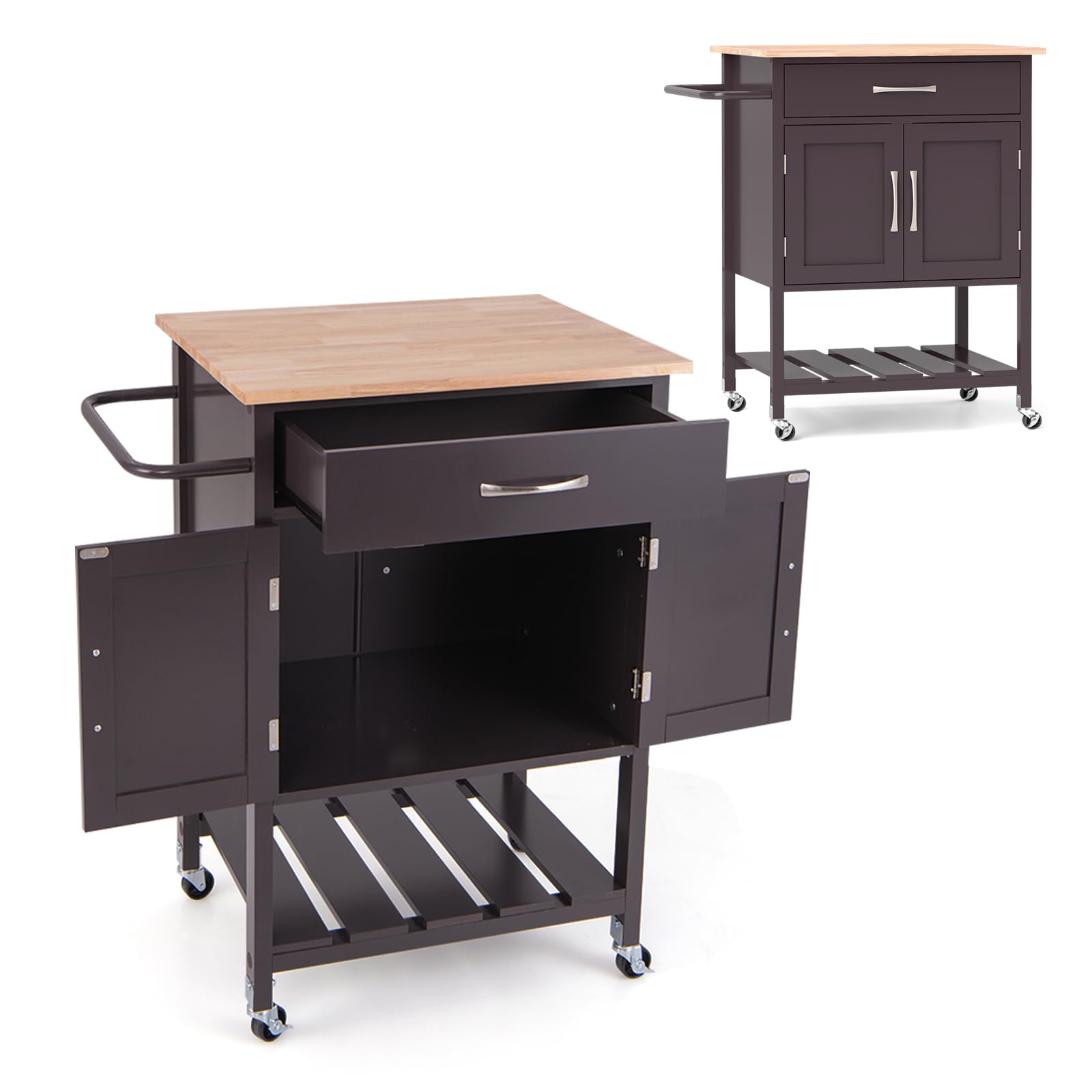 KOMFOTTEU Chariot de Cuisine, 1 Tiroirs & 1 Armoire à Porte, Desserte de Service avec Plan de Travail en Bois Massif, Desserte à roulettes, Plateau inférieur, 73 x 48 x 90 cm (Marron)