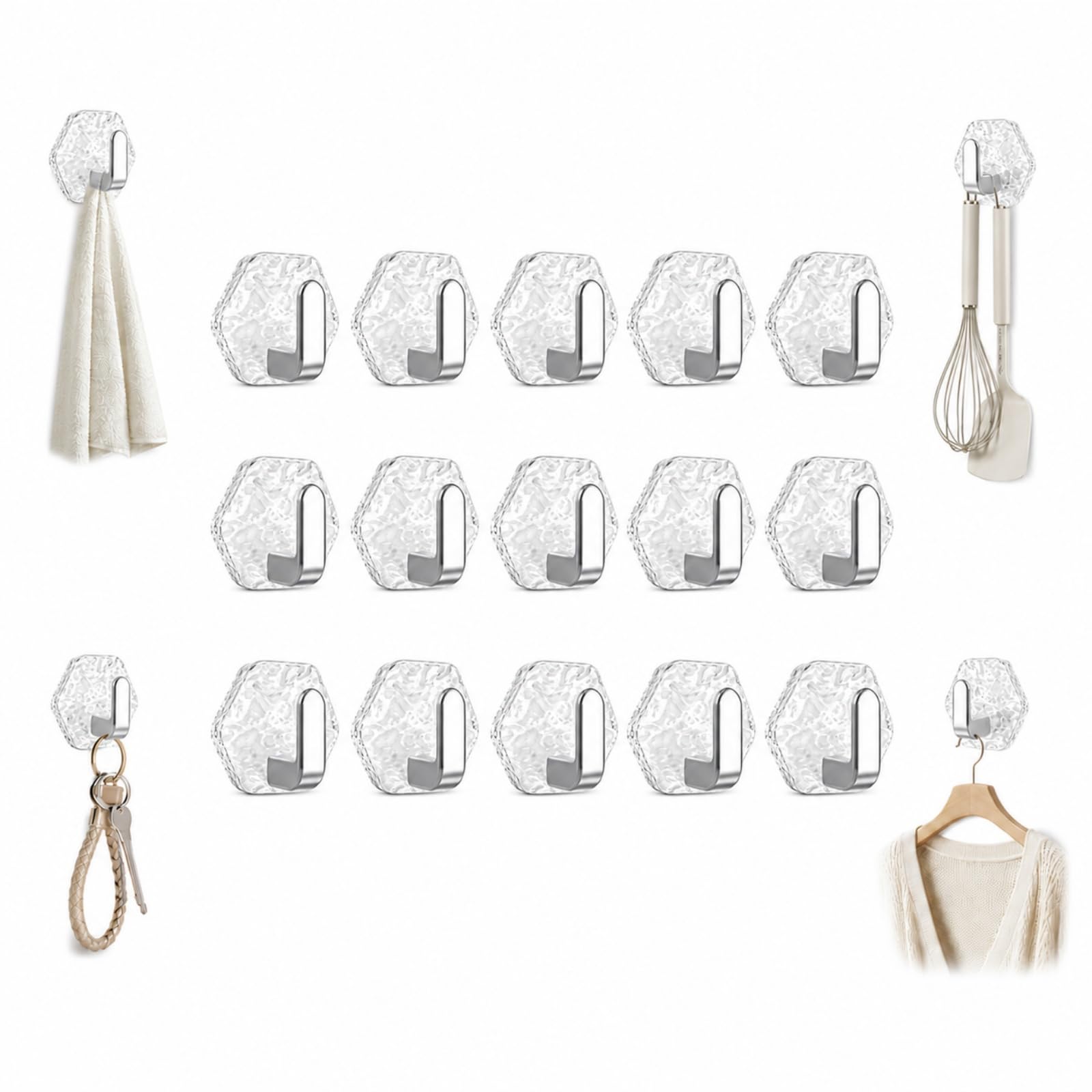 ZrdlqlLcjxy Water Ripple Hexagonal Self Adhesive Hooks, Drill Free Wall Hangers, Transparent Key Holder for Bathroom, Kitchen, Office, Living Room，15Pcs（Silver）