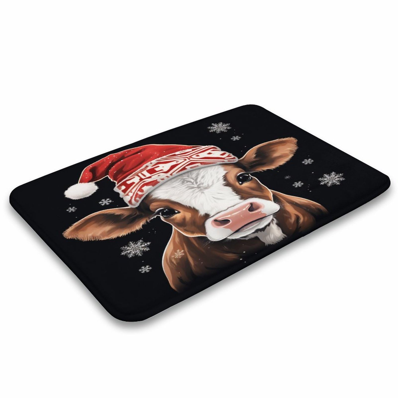 Cute Cow in Santa Hat Snowflake Xmas Bathroom Mats Rugs Cute Cartoon Cattle Cow Small Plush Mats Bathmats Coral Velvet Soft Washable Non Slip Absorbent Shower Carpet for Bath Tub Shower 20