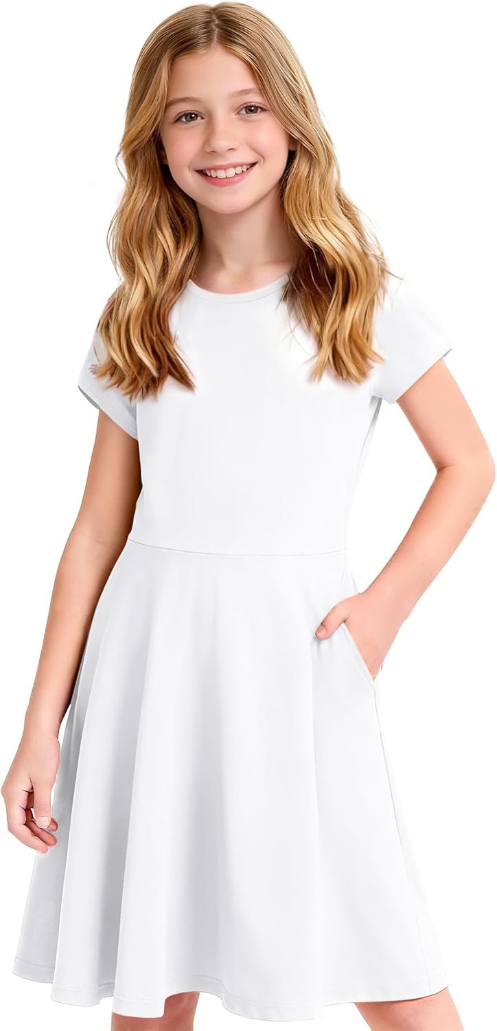 Girls Short Sleeve Dress Summer Casual Dresses A-Line Uniform Twirl Dress with Pockets 5-13 Years