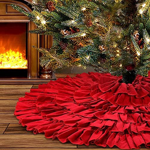 yuboo Red Ruffle Christmas Tree Skirt, 48 inches 6-Layer Rustic Farmhouse Christmas Ornaments for Holiday Party Decorations