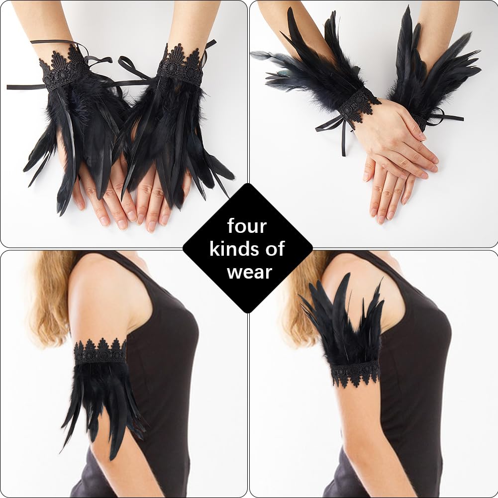 CABODYALS 1 Pair Black Lace Feather Gloves Novelty Wrist Cuff Gothic Floral Angel Wings Bracelet Mesh Wristband Swan Witch Arm Sleeve for Women Cosplay Halloween Party Performances Costume Accessories - Image 4