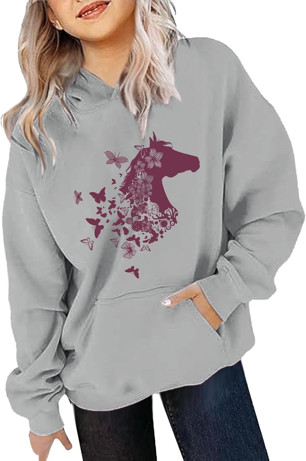 Sweat à Capuche Enfant Fille – Imprimé Chevaux Mignon, Manches Longues, Coton Doux Et Confortable